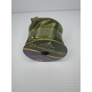 Vintage Holiday Time Wired Ribbon Green Gold Sheer Stripe 25 Ft x 2.5" Christmas
